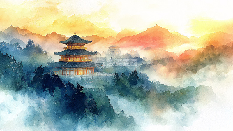 高清大图下载【趣麦麦图】山间云雾缭绕的古塔