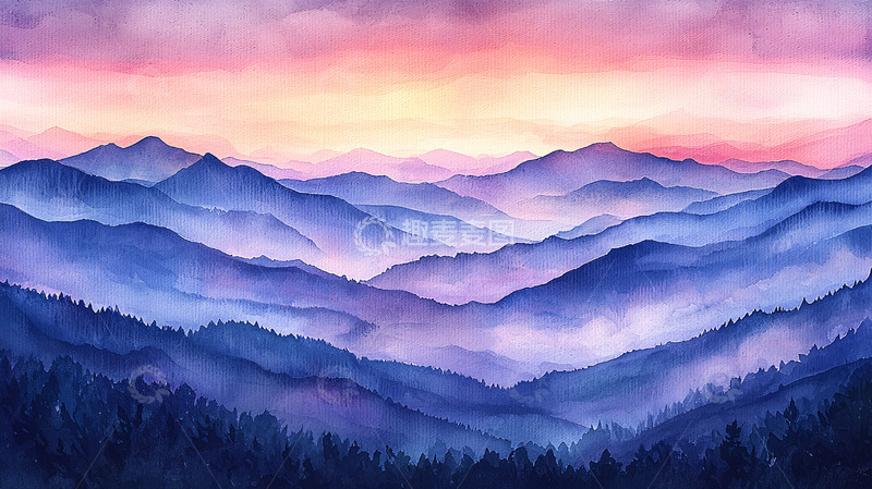 高清大图下载【趣麦麦图】水彩画山脉日落