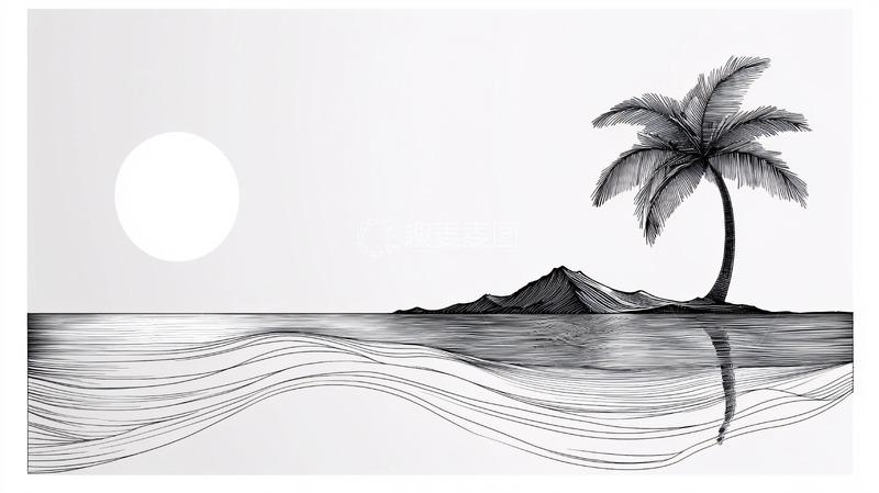 高清大图下载【趣麦麦图】黑白手绘海岛风景