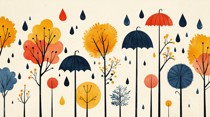 高清大图下载【趣麦麦图】水彩树木雨伞