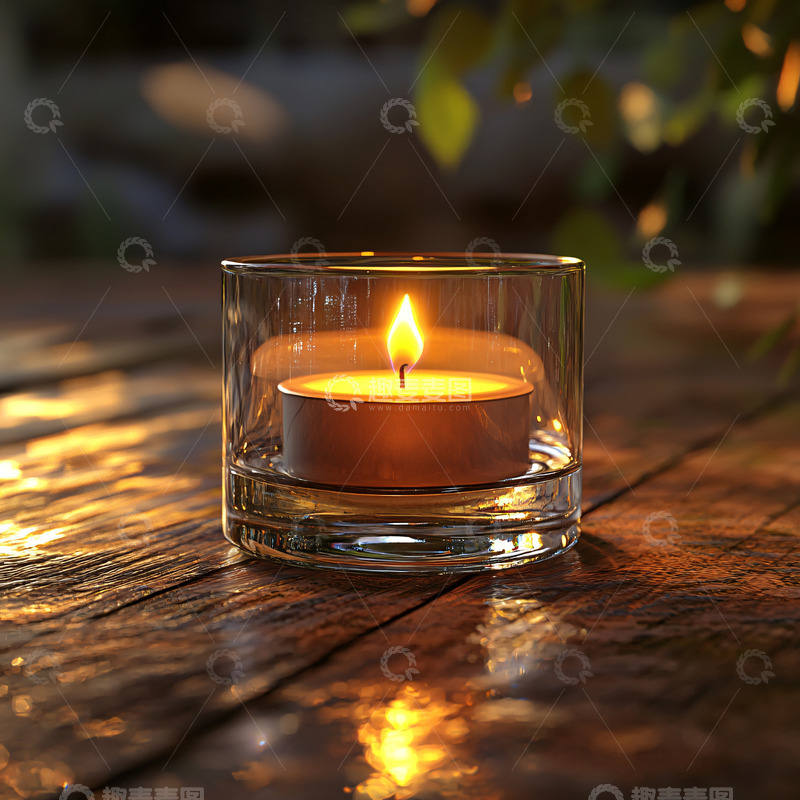高清大图下载【趣麦麦图】玻璃杯中的蜡烛在木桌上