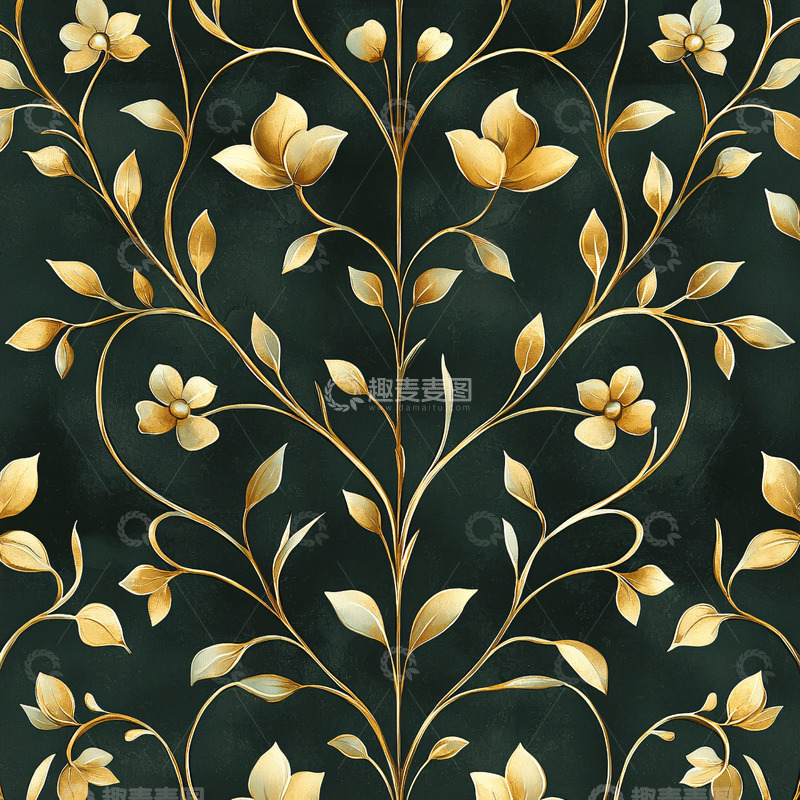 高清大图下载【趣麦麦图】金色花卉藤蔓深色背景