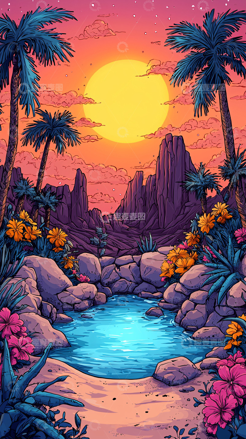 高清大图下载【趣麦麦图】热带日落的绿洲景色