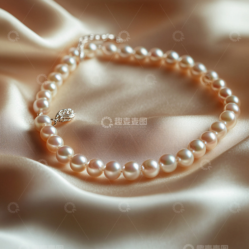 高清大图下载【趣麦麦图】丝绸布景上粉色珍珠项链