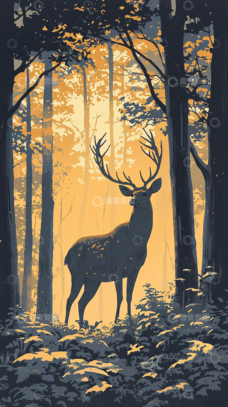 高清大图下载【趣麦麦图】森林夕阳雄鹿