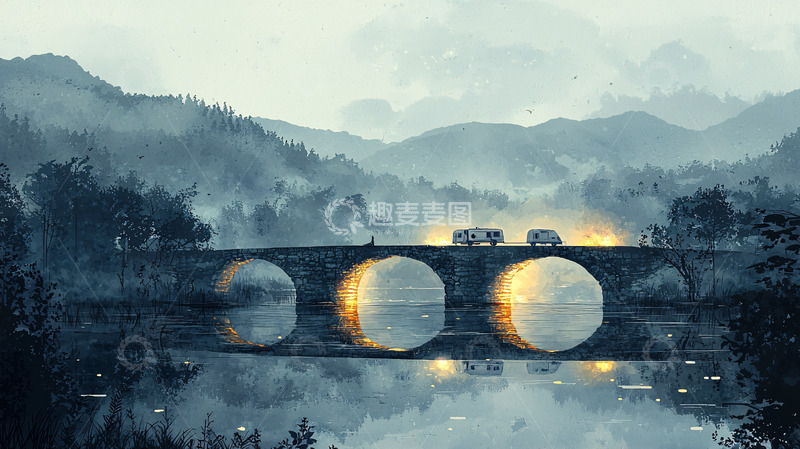 高清大图下载【趣麦麦图】雾气弥漫的山间石桥