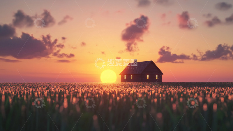 高清大图下载【趣麦麦图】日落田野小屋剪影
