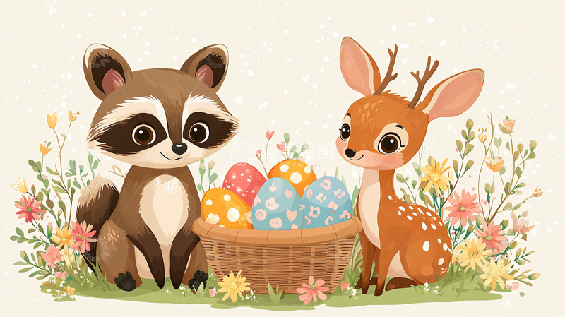 高清大图下载【趣麦麦图】浣熊和梅花鹿的复活节彩蛋