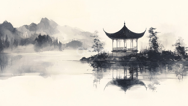 高清大图下载【趣麦麦图】水墨山水亭台倒影