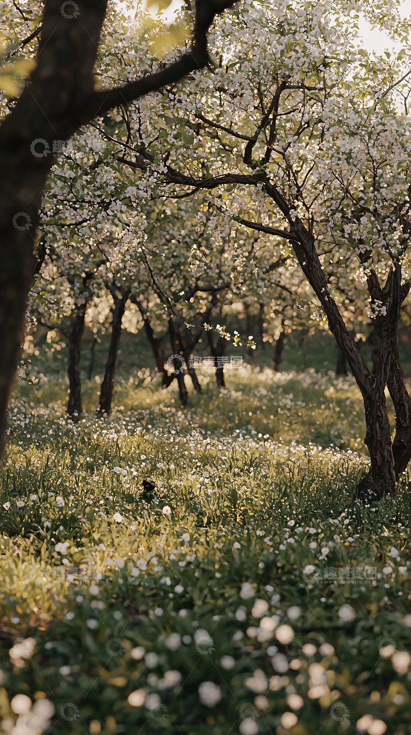 高清大图下载【趣麦麦图】阳光洒落的白色花树林