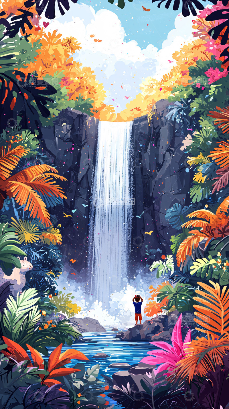 高清大图下载【趣麦麦图】热带雨林瀑布风景画