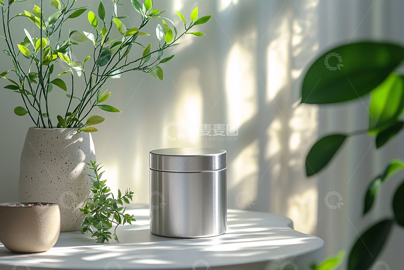 高清大图下载【趣麦麦图】阳光下不锈钢茶叶罐
