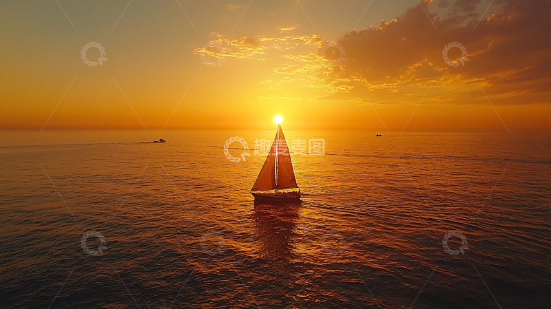 高清大图下载【趣麦麦图】日落航海帆船剪影