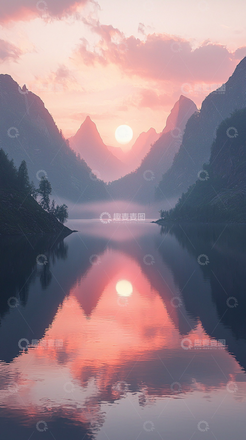高清大图下载【趣麦麦图】粉色天空下的宁静湖面