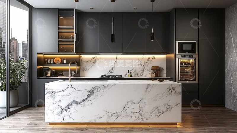 高清大图下载【趣麦麦图】现代简约灰色大理石厨房