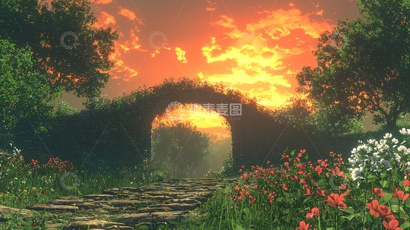 高清大图下载【趣麦麦图】梦幻般绿植拱桥夕阳