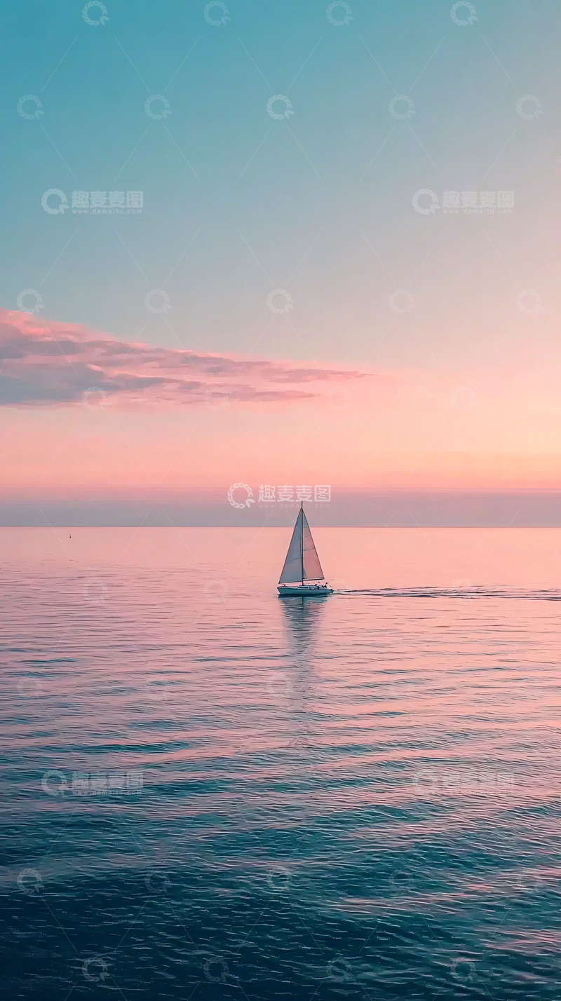 高清大图下载【趣麦麦图】平静海面日落帆船