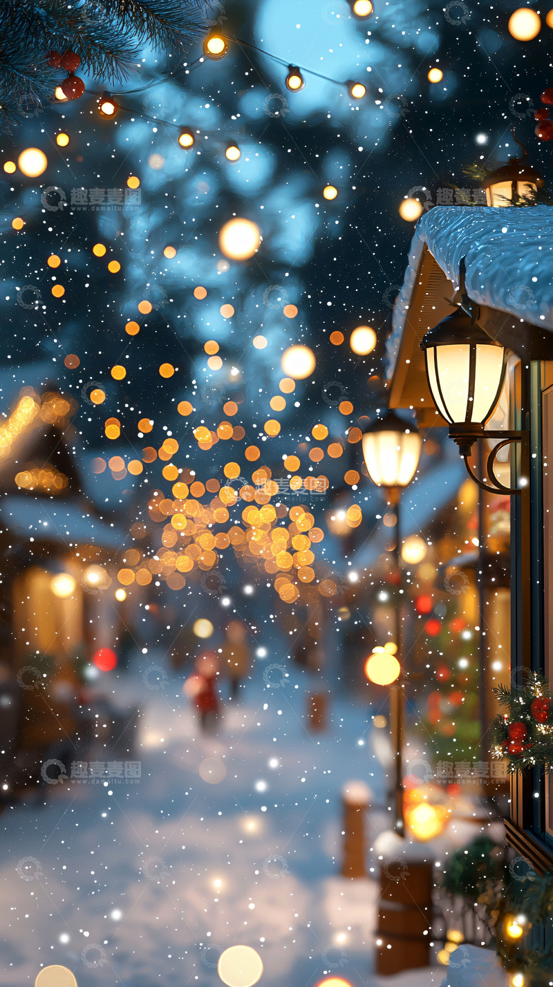 高清大图下载【趣麦麦图】冬夜雪景小镇灯光