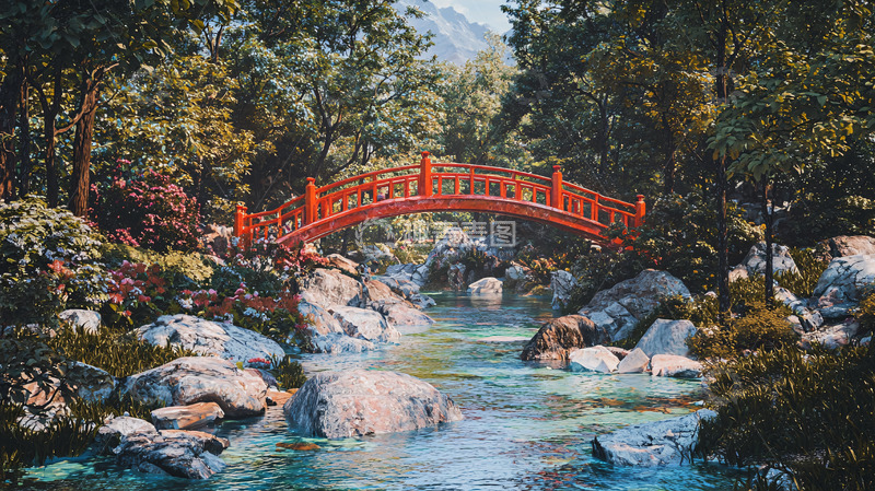 高清大图下载【趣麦麦图】红桥流水绿树环绕