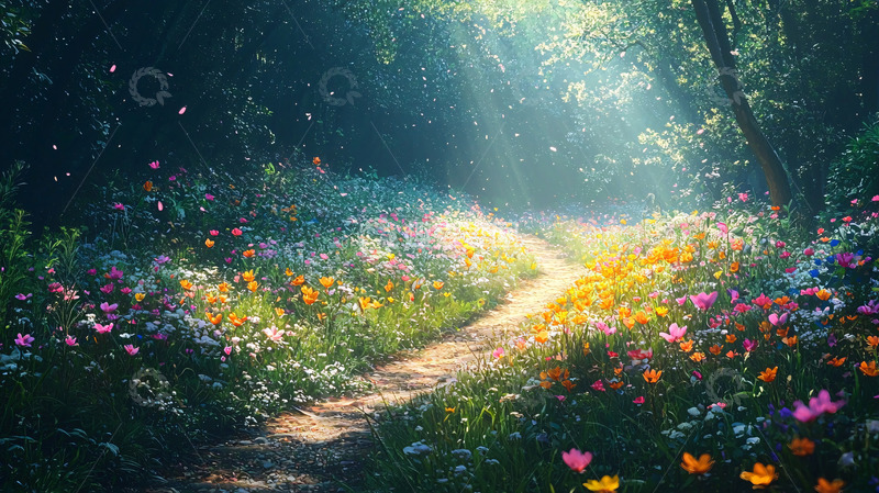 高清大图下载【趣麦麦图】森林小路鲜花盛开