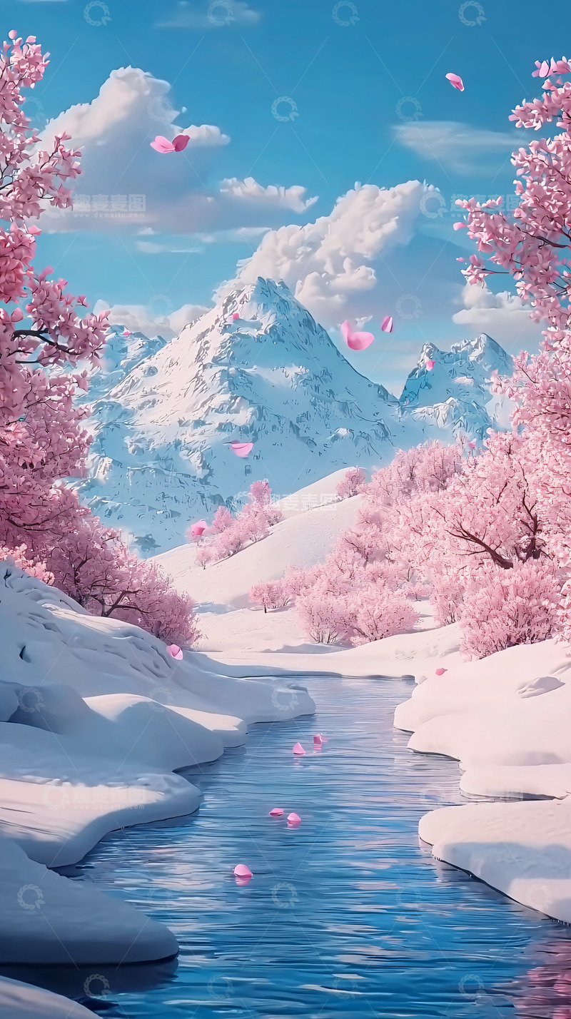 高清大图下载【趣麦麦图】粉色樱花雪山