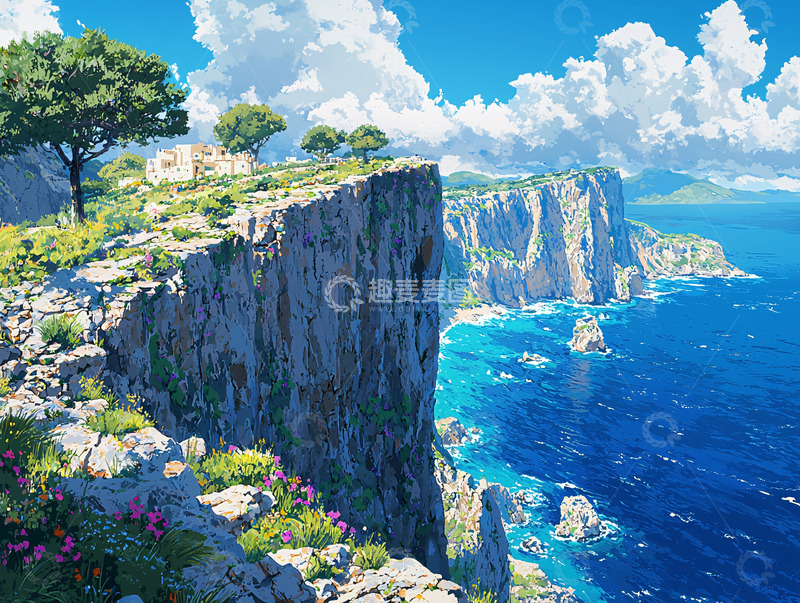 高清大图下载【趣麦麦图】海边悬崖峭壁风景画