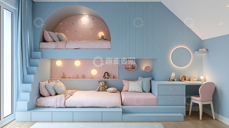 高清大图下载【趣麦麦图】蓝粉色儿童房上下床