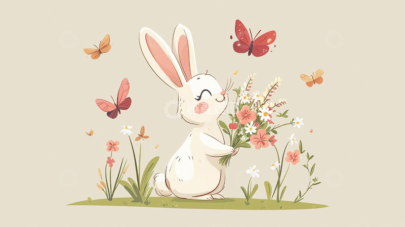 高清大图下载【趣麦麦图】可爱小白兔抱花束