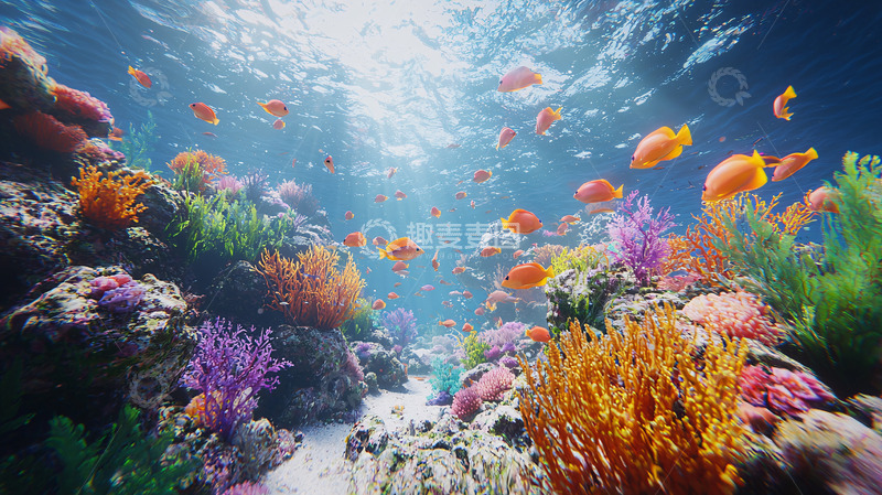 高清大图下载【趣麦麦图】阳光照射下的珊瑚礁鱼群