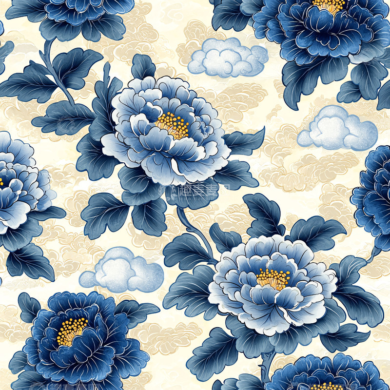 高清大图下载【趣麦麦图】蓝色牡丹云朵纹样