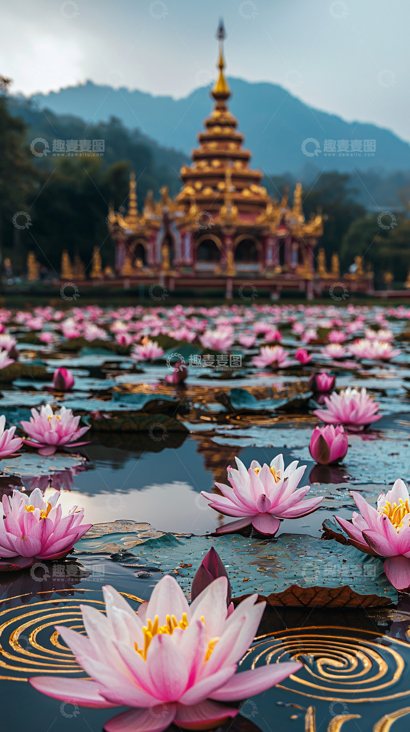 高清大图下载【趣麦麦图】莲花池里的金色寺庙