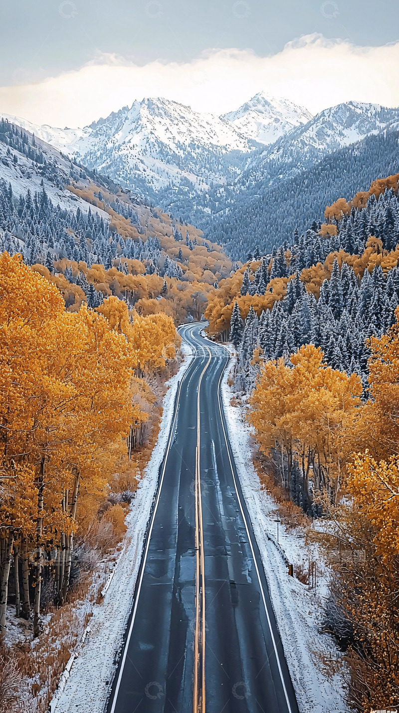 高清大图下载【趣麦麦图】秋日雪山公路风景