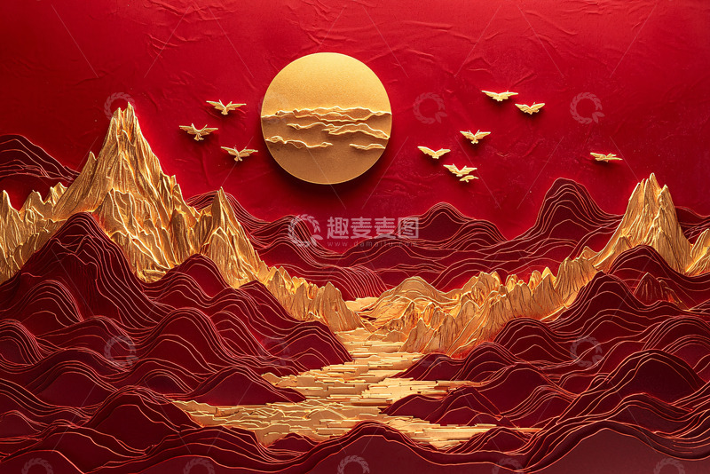 高清大图下载【趣麦麦图】红色山川剪纸
