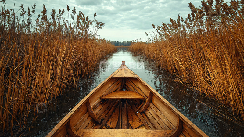高清大图下载【趣麦麦图】芦苇荡木船航行