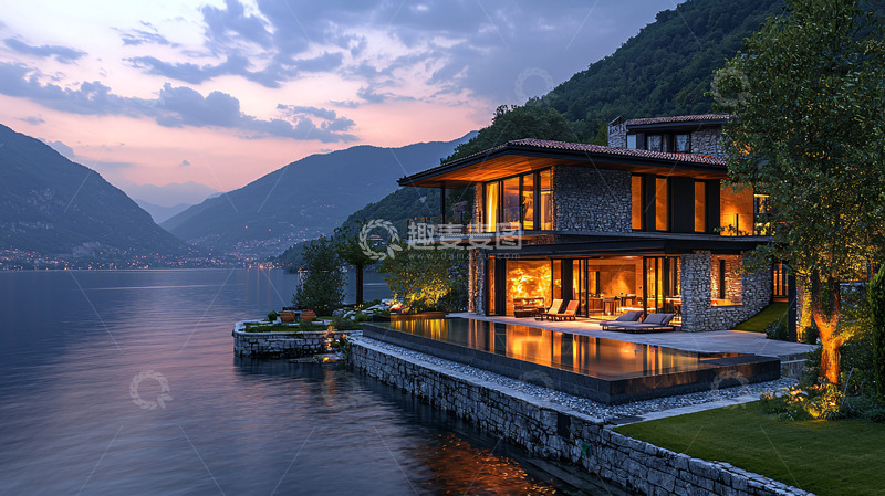 高清大图下载【趣麦麦图】湖边豪宅夜景