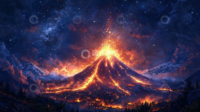 高清大图下载【趣麦麦图】夜空下喷发的火山