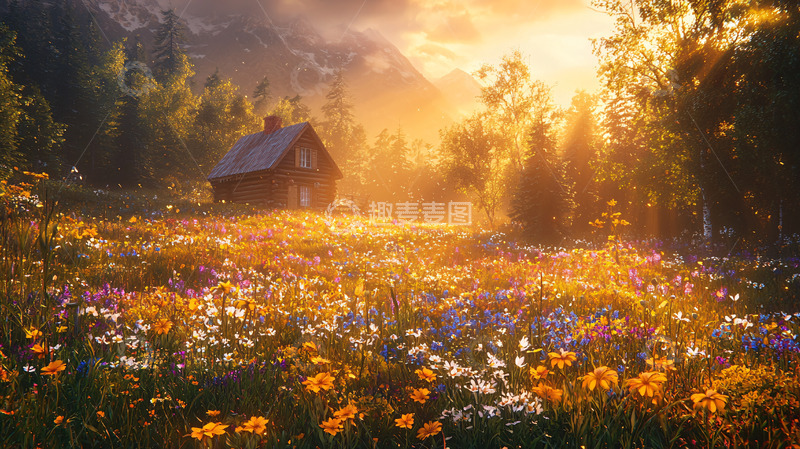 高清大图下载【趣麦麦图】清晨阳光下的木屋花田