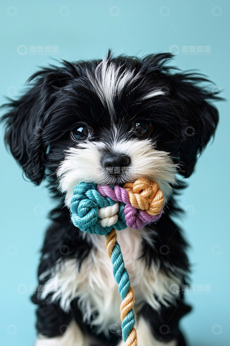高清大图下载【趣麦麦图】黑白小狗咬着玩具绳