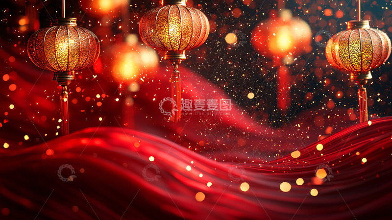 高清大图下载【趣麦麦图】红绸缎背景的中国灯笼