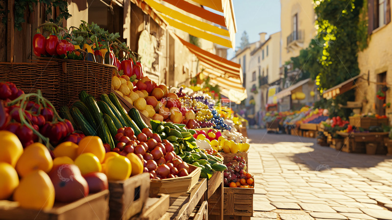 高清大图下载【趣麦麦图】阳光下地中海水果蔬菜市场