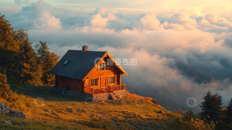 高清大图下载【趣麦麦图】山顶小屋被云雾环绕