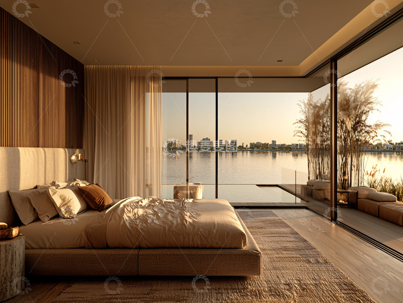 高清大图下载【趣麦麦图】现代极简湖景卧室