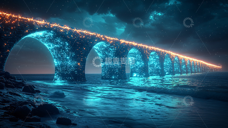 高清大图下载【趣麦麦图】梦幻蓝色发光石桥