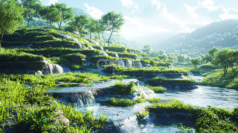高清大图下载【趣麦麦图】梯田瀑布风景