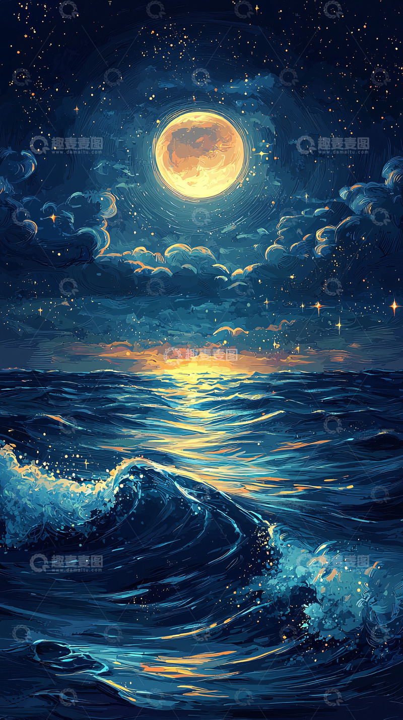 高清大图下载【趣麦麦图】夜晚大海满月星空