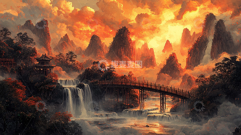 高清大图下载【趣麦麦图】火烧云下的山峦瀑布