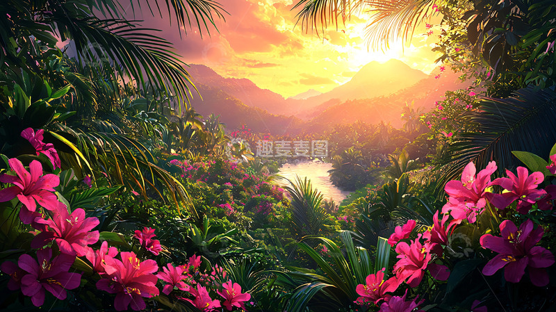 高清大图下载【趣麦麦图】热带雨林日落景色