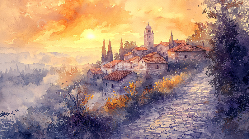 高清大图下载【趣麦麦图】山顶小镇的油画风格