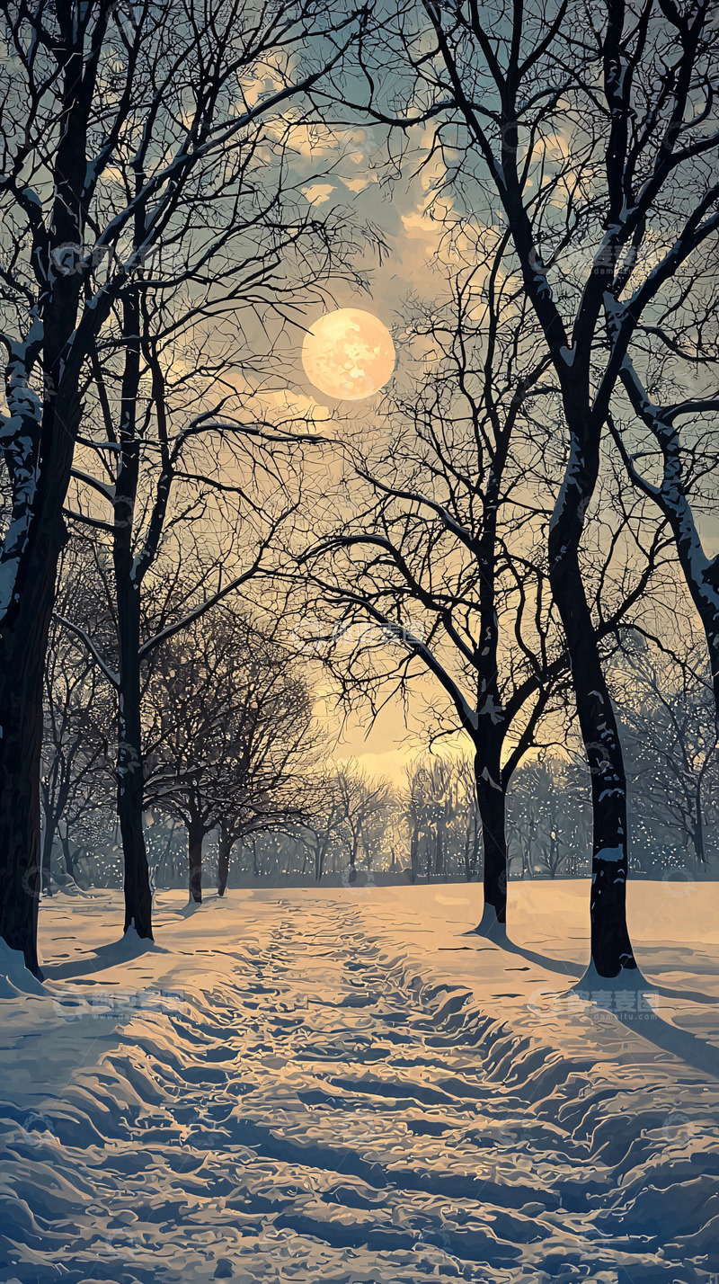 高清大图下载【趣麦麦图】冬日雪景月夜树林小路