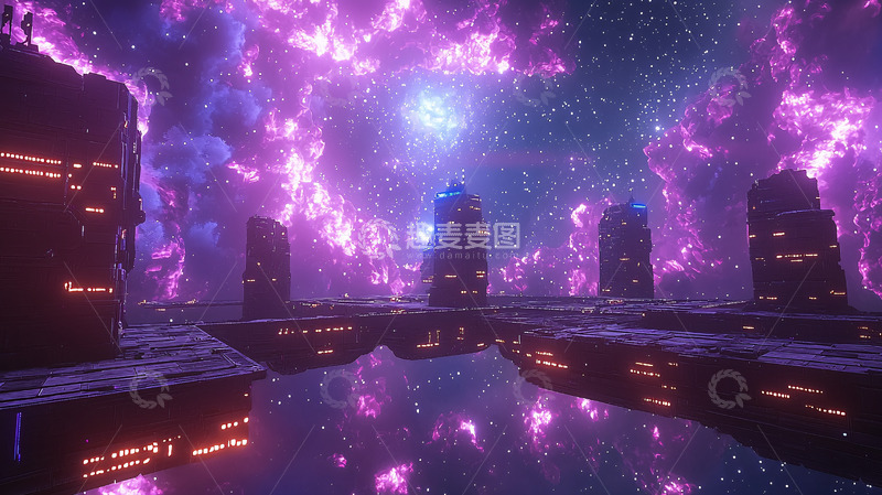 高清大图下载【趣麦麦图】奇幻城市星空紫色夜景